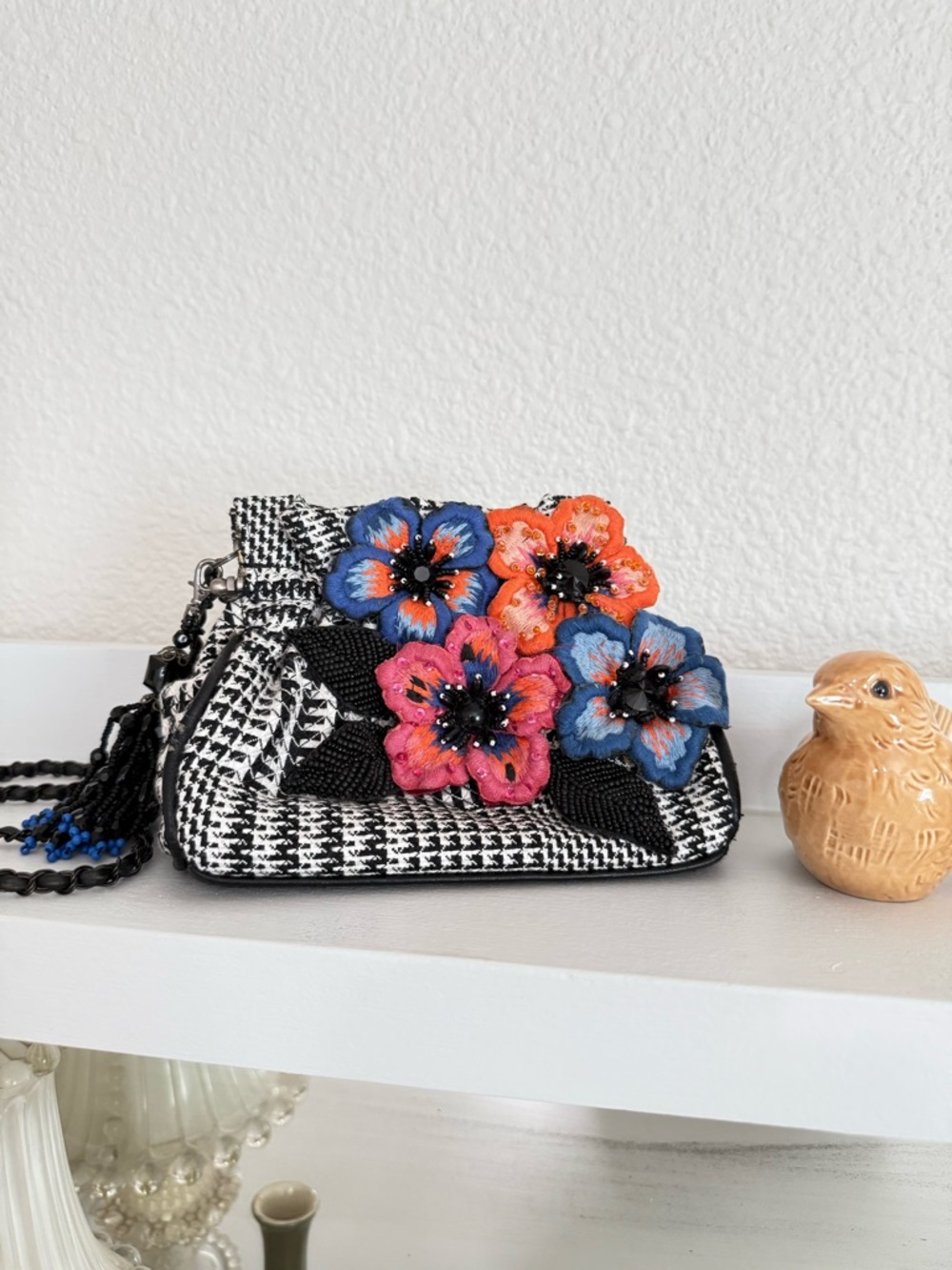 Vintage MARY FRANCES Houndstooth Flower Bag